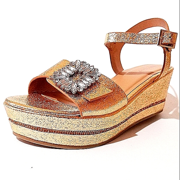 BAMBOO Metallic Rhinestone Gem Crystal Joyas Platform Wedge Sandals NWT - Picture 3 of 8